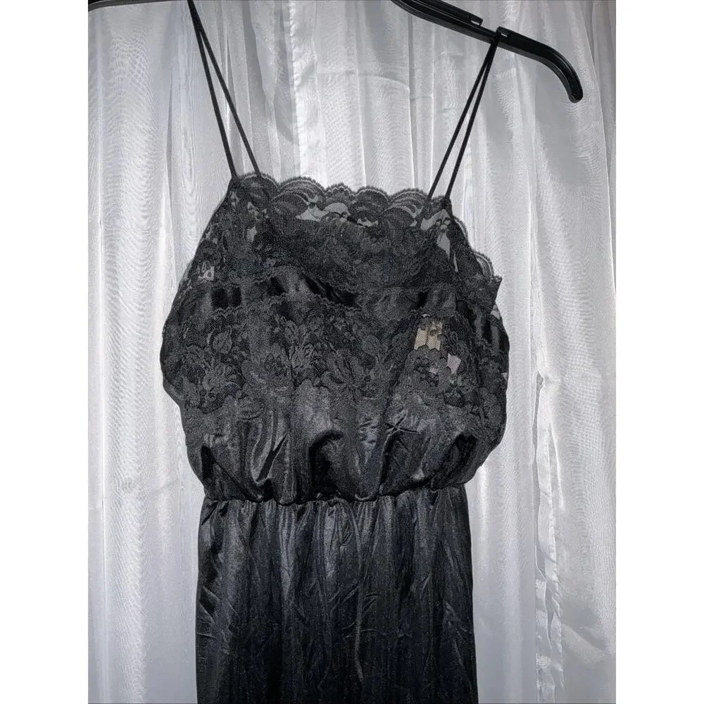 Vintage Deena Elegant Black Silky Nightgown Empire Waist Floral Lace Bodice Sz S